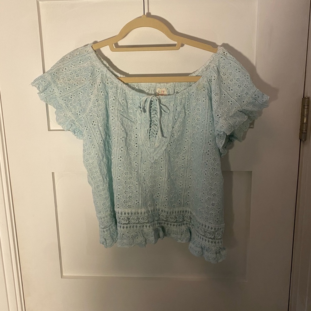 Surf Gypsy Aqua off the shoulder lace top Sz L